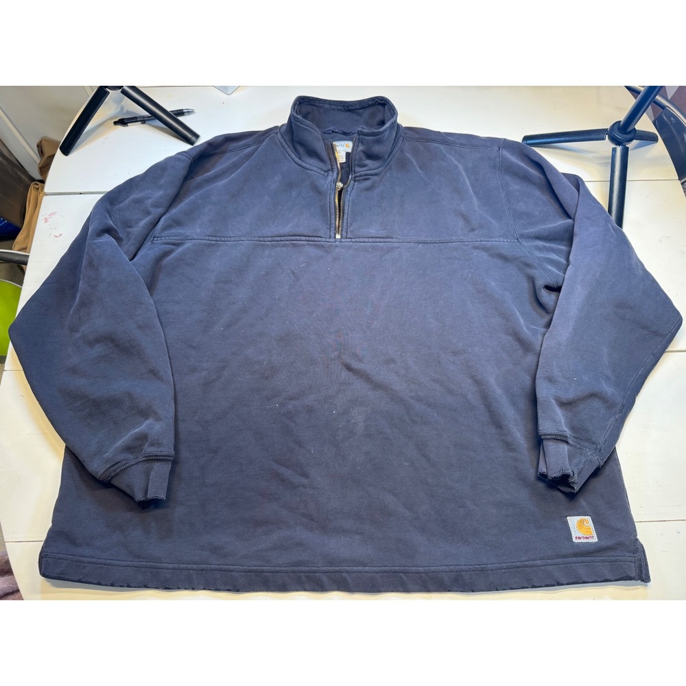 Carhartt Mens 2XL Quarter Zip Sweatshirt Navy Blue Distressed Workwear Pullover